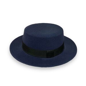 Navy Blue Stiff Brim Round Flat Top Crown Black Wide Band Boater Hat NEW